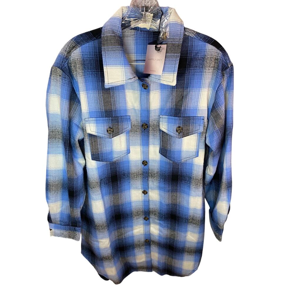 NEW HAPPILY GREY Plaid Button-Down Shirt Blue Black White— Women’s Medium